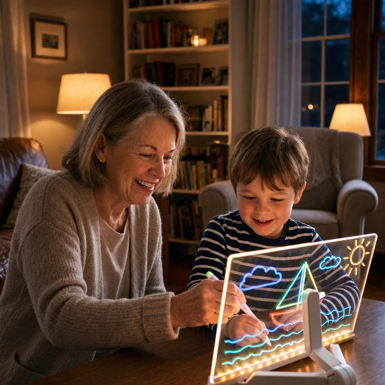 Grandmother and grandson drawing together on GlowTrace